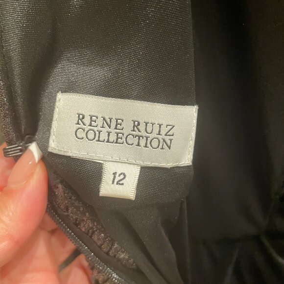 Rene Ruiz Collection Ruched Side Slit Patent Glitter Long-Sleeve Gown - Picture 8 of 9